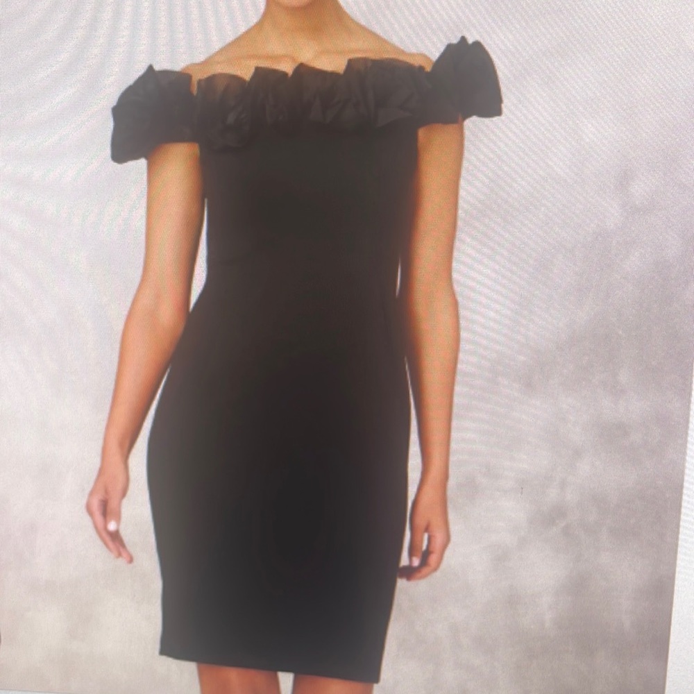 Aidan mattox off the shoulder crepe sheath dress with organza florals